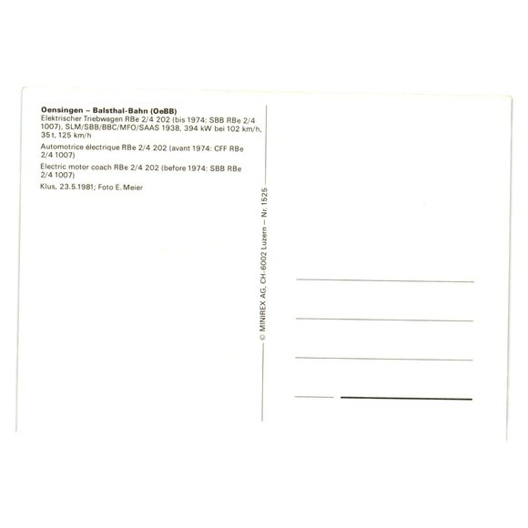 Oensingen Balsthal Bahn RBe 2/4 202 Electric Motor Coach Postcard Switzerland - Picture 2 of 2